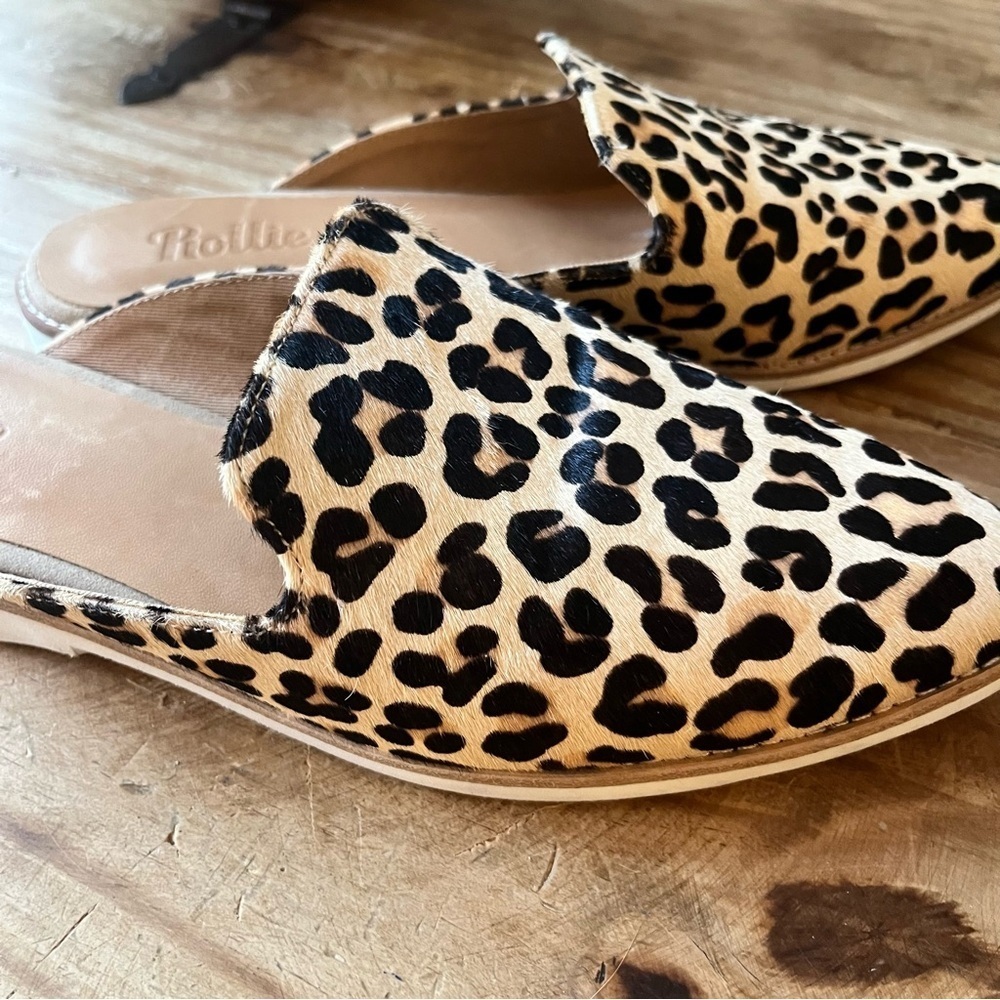 Rollie Slip On Madison Mule Leopard Calf Hair Leather Size 9 Tan Black Brown - Picture 3 of 16